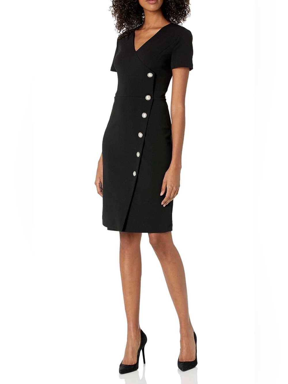 KARL LAGERFELD Women's Crepe V Neck Pearl Button Sheath